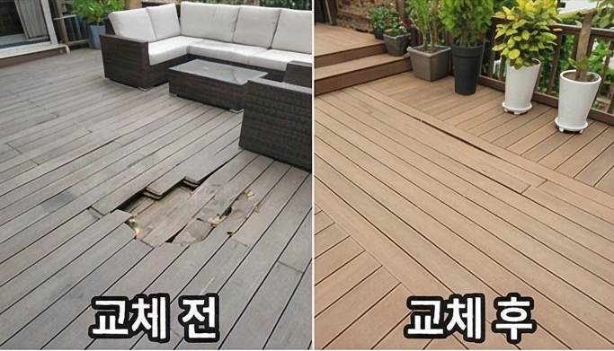 수도권 방부목 데크 판재 교체 시공 현장 — 메종픽스 데크부분수리